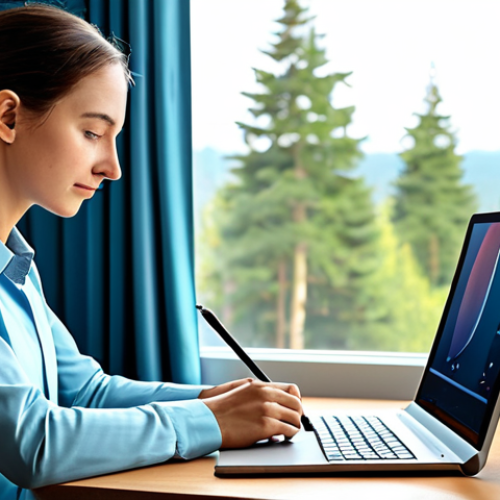 A female professional digital artist, fully clothed in a modest, comfortable studio outfit, sits relaxed and focused at an ergonomic desk. She holds a stylus, thoughtfully looking at her digital tablet. The background features a clean, well-lit studio space with organized art supplies and a large window showing a serene outdoor view. A warm cup of tea rests on the desk beside a small, vibrant plant. The overall atmosphere conveys peace, productivity, and mental well-being, suggesting a balanced approach to creative work. Perfect anatomy, correct proportions, natural pose, well-formed hands, proper finger count, professional dress, high quality, safe for work, appropriate content, fully clothed, modest.