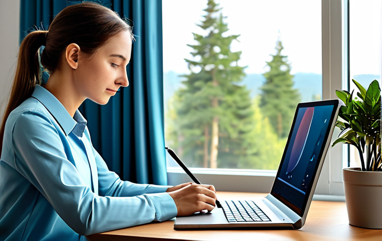A female professional digital artist, fully clothed in a modest, comfortable studio outfit, sits relaxed and focused at an ergonomic desk. She holds a stylus, thoughtfully looking at her digital tablet. The background features a clean, well-lit studio space with organized art supplies and a large window showing a serene outdoor view. A warm cup of tea rests on the desk beside a small, vibrant plant. The overall atmosphere conveys peace, productivity, and mental well-being, suggesting a balanced approach to creative work. Perfect anatomy, correct proportions, natural pose, well-formed hands, proper finger count, professional dress, high quality, safe for work, appropriate content, fully clothed, modest.