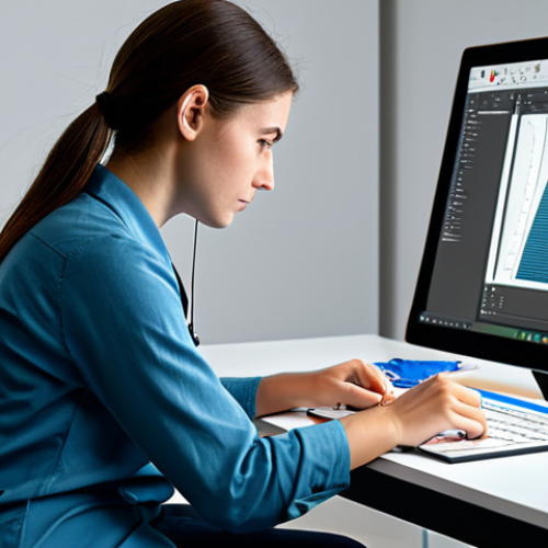 A professional female digital artist, fully clothed in comfortable, modest studio attire, intently drawing on a large screen graphic tablet. Her workspace is a clean, modern digital art studio with a second monitor displaying reference images. She holds a stylus with perfect anatomy and proper finger count, her gaze focused on the tablet screen. The scene emphasizes an ergonomic setup, with a comfortable chair and well-organized desk. The overall mood is focused and productive. safe for work, appropriate content, professional, family-friendly, correct proportions, natural pose, well-formed hands.