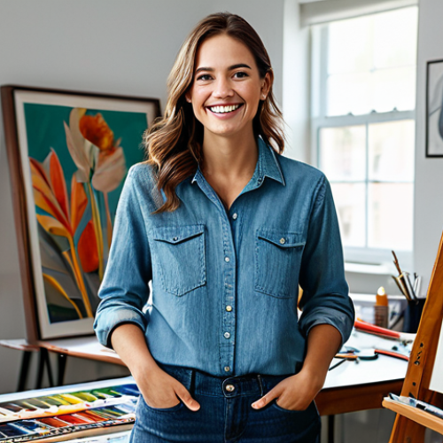 **

A professional artist in their studio, fully clothed in casual but presentable attire, surrounded by art supplies and finished canvases. The studio has large windows providing natural light. The artist is smiling confidently. Safe for work, appropriate content, professional environment, well-lit, perfect anatomy, natural proportions.

**