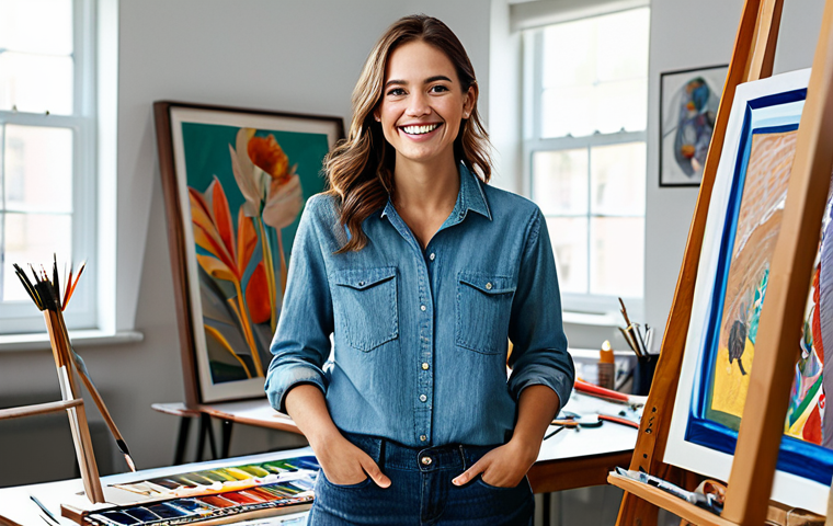 **
A professional artist in their studio, fully clothed in casual but presentable attire, surrounded by art supplies and finished canvases. The studio has large windows providing natural light. The artist is smiling confidently. Safe for work, appropriate content, professional environment, well-lit, perfect anatomy, natural proportions.
**