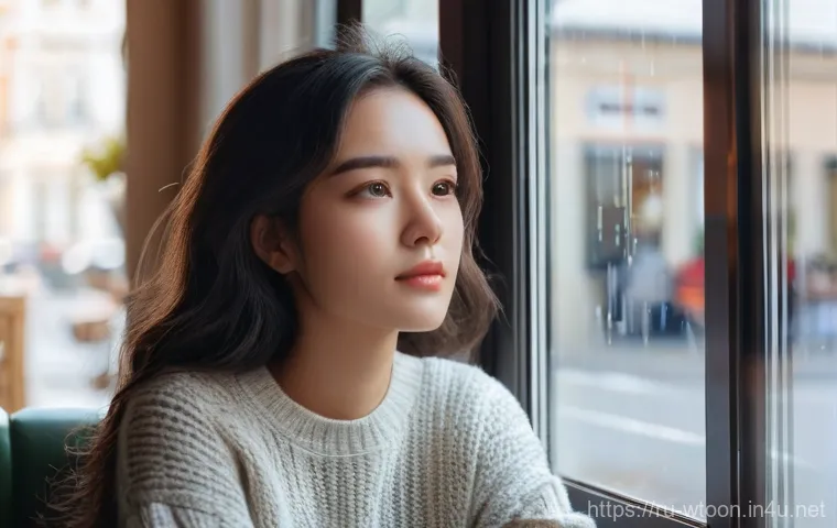 웹툰작가가 꼭 읽어야 할 책 - **A thoughtful young woman**, mid-20s, with long, wavy dark hair, sitting at a window seat in a cozy...