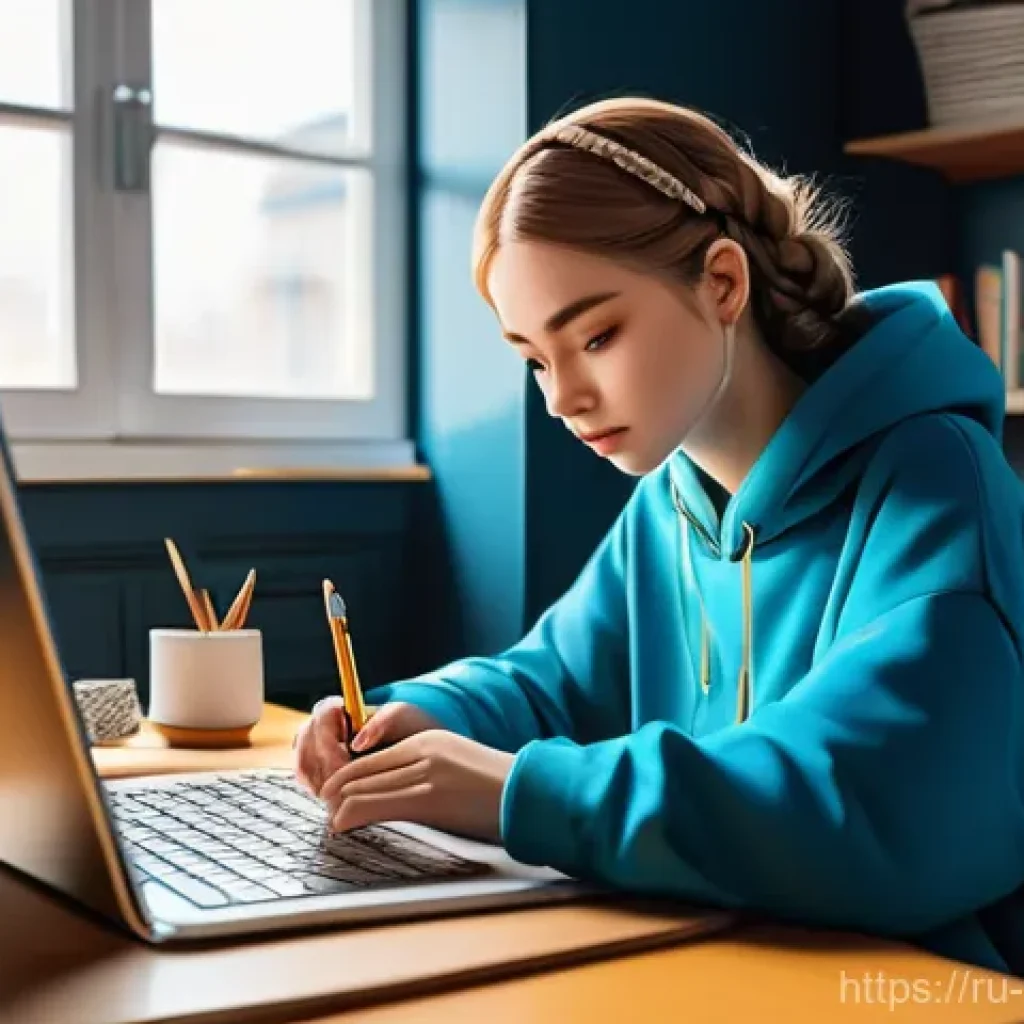 웹툰작가가 알아야 할 마케팅 기술 - A young female Russian webtoon artist, in her early twenties, with long, braided hair, sits at a bri...