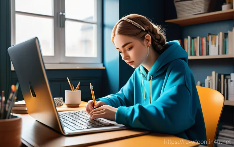 웹툰작가가 알아야 할 마케팅 기술 - A young female Russian webtoon artist, in her early twenties, with long, braided hair, sits at a bri...