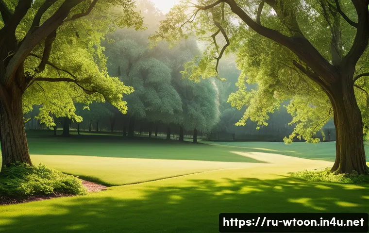 웹툰작가의 색감 연습 비법 - A serene park scene at early morning dawn, showcasing a diverse range of natural greens—from soft ol...
