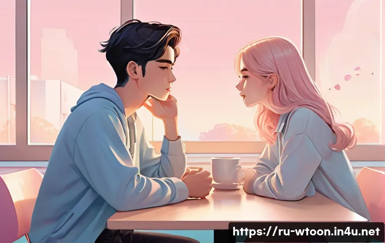 웹툰 작화 트렌드 분석 - A cozy romantic webtoon scene featuring two young adult characters in soft pastel color palettes, wi...
