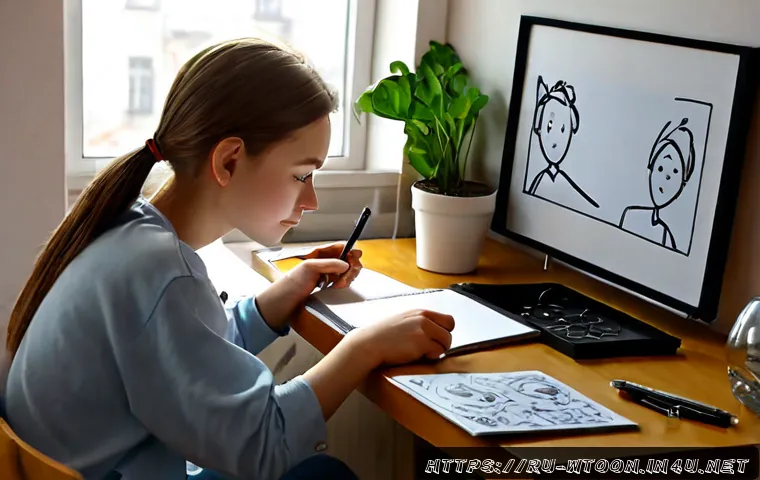 Home 30 웹툰작가의 성장 일기 - Photorealistic young Russian webtoon artist working at a tidy apartment desk in Moscow, drawing expr...