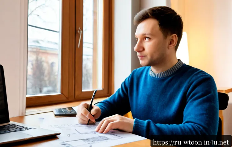 Home 17 웹툰작가의 커뮤니케이션 기술 - Photorealistic scene of a Russian webcomic artist in a bright Moscow apartment studio, wearing casua...