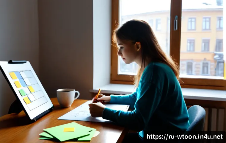 Home 17 웹툰작가 스토리 플래닝 방법 - Photorealistic Russian webtoon artist planning a comic story at a tidy home studio desk, adult creat...